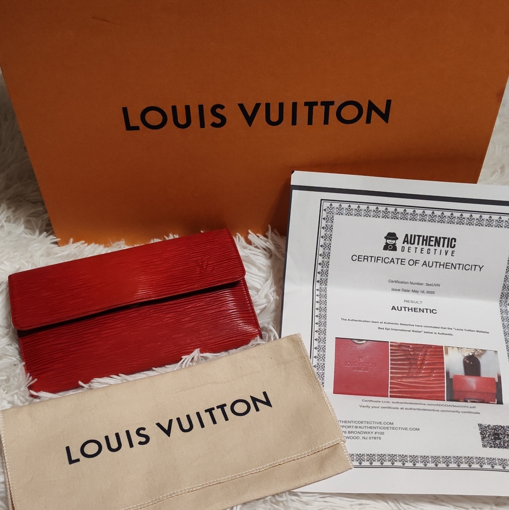 Louis Vuitton Red Epi Leather Wallet With Gold Chain, COA Plus Dust Bag